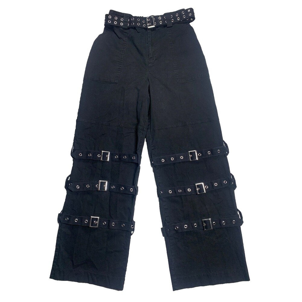 Dolls Kill Current Mood Black Wide Leg Buckle Cargo Pants Goth Grunge Size M